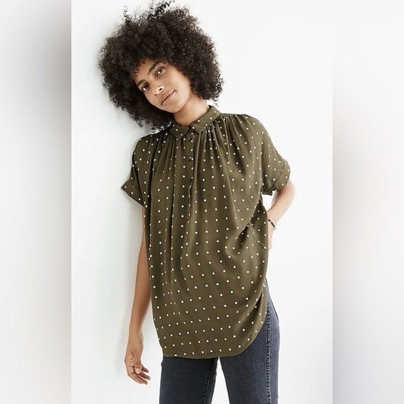 Madewell Central Drapey Popover Shirt in Grid Dot Kale Size Small - Picture 1 of 12